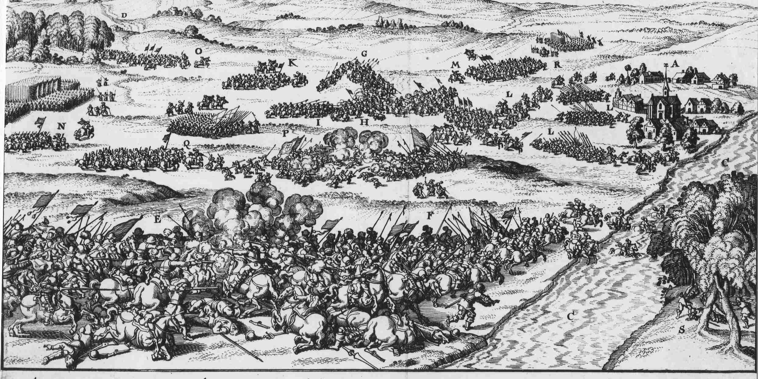 Historische tekening van de slag op de Mookerheide waarop te zien is hoe verschillende legereenheden op elkaar in vechten.   